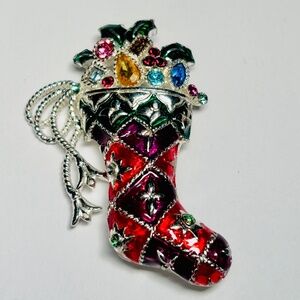 Sparkling Rhinestone and Enamel Holiday Stocking Brooch Pin